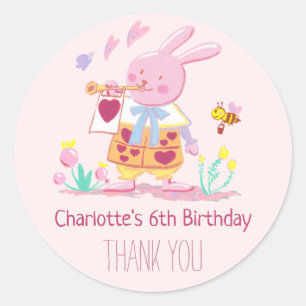 Sticker Rond Lapin rose Whimsical en Aquarelle de jardin