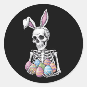 Sticker Rond Lapin Squelette tenant des oeufs de Pâques lapin d