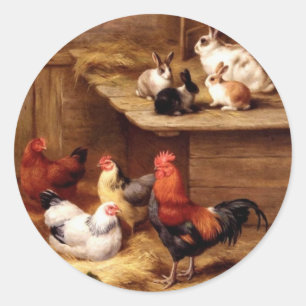 Sticker Rond Lapins d'animaux de ferme de poules de coq de