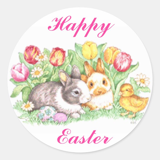 Sticker Rond Lapins de Pâques, canards et tulipes (Devant)