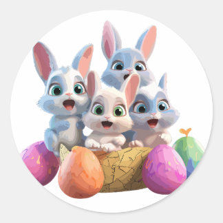 Sticker Rond Lapins Émerveillés Parmi Les Oeufs De Pâques