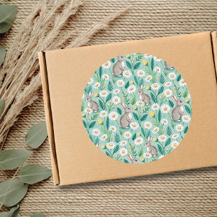 Sticker Rond Lapins Mignons Assis Parmi des Pâquerettes Blanche