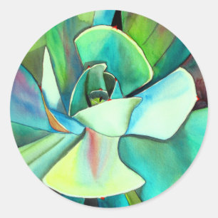 Sticker Rond L'aquarelle du désert bleu et vert Succulent