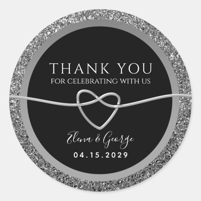 Sticker Rond L'argent et le Merci Mariage noir favorisent (Devant)