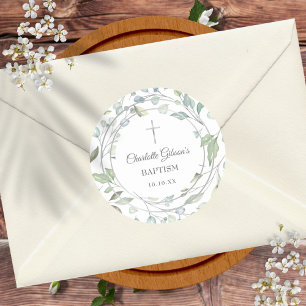 Sticker Rond Laurel Garland Faux Baptême Argent Christening