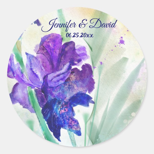 Sticker Rond L'Autocollant De Mariage Iris Violet Favor (Devant)