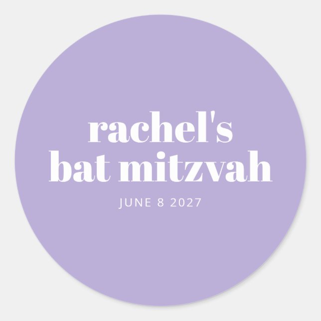 Sticker Rond Lavande Bat mitzvah moderne violet personnalisé (Devant)