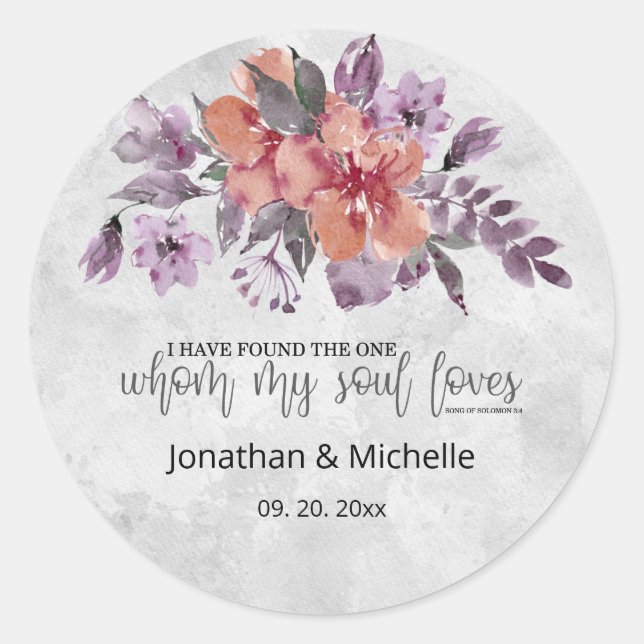 Sticker Rond Lavande Peach Argent Floral Bible Verse Mariage (Devant)