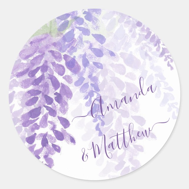 Sticker Rond Lavande Purple Aquarelle Wisteria Blooms Mariage (Devant)