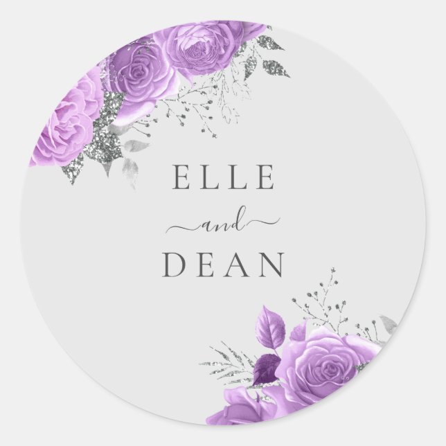 Sticker Rond Lavande Purple & Silver Floral Mariage élégant (Devant)