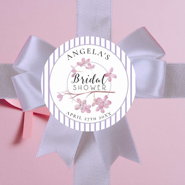 Sticker Rond Lavande Rose Lilas Rayures Bridal Shower  (French style stripes in lovely lavender and cool pink. Feminine and stylish bridal shower sticker.)
