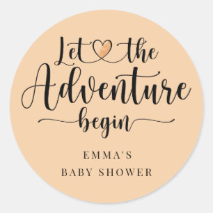Sticker Rond L'aventure commence Baby shower Coeur rose