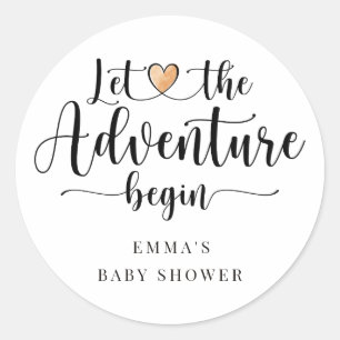 Sticker Rond L'aventure commence Baby shower Coeur rose