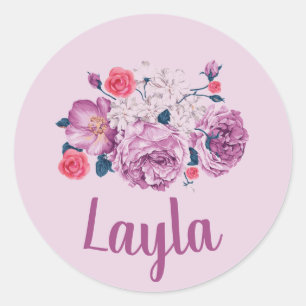 Sticker Rond Layla Nom Floral Personnalisé Fleur Vintage Fille 