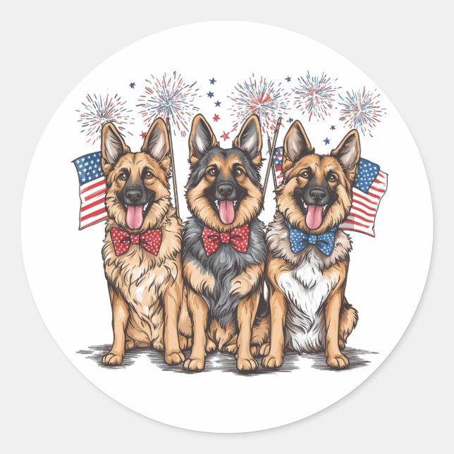 Sticker Rond Le 4 Juillet Chiens De Berger Allemands (Devant)