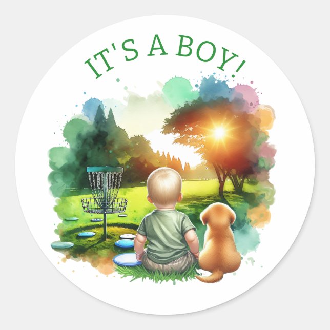Sticker Rond Le Baby shower du garçon de golf de Cute Disk | C' (Devant)