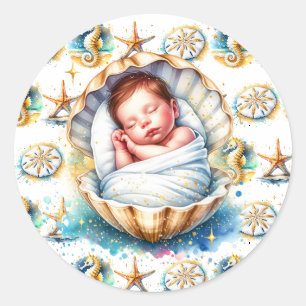 Sticker Rond Le Baby shower du garçon de la plage à thème côtie