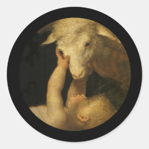 Sticker Rond Le bébé Jésus touche l'agneau