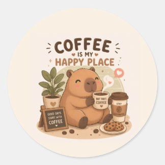 Sticker Rond Le Café Est Mon Endroit Heureux Capybara Mignon Am