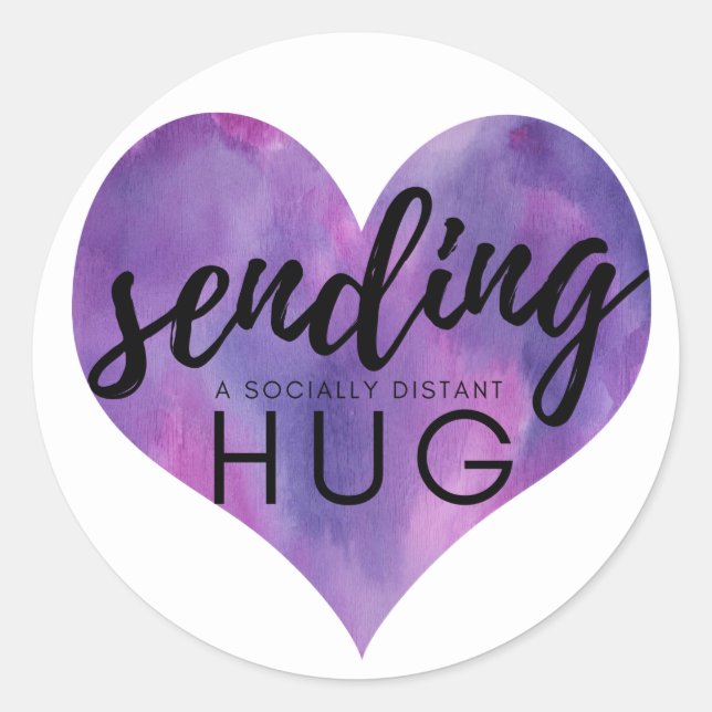 Sticker Rond Le coeur pourpre envoie un câlin socialement éloig (Devant)