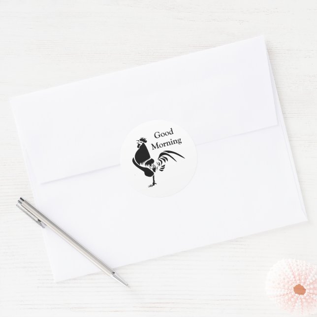 Sticker Rond Le coq noir qui croise l'alarme du bon matin (Enveloppe)