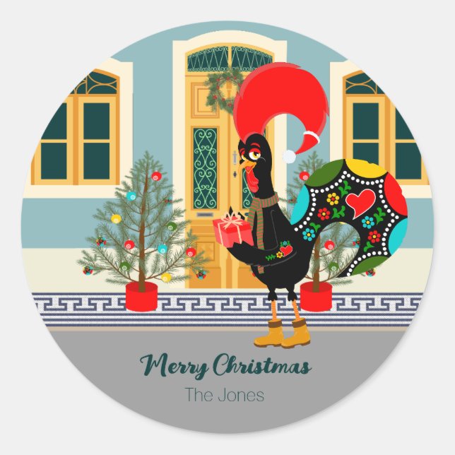 Sticker Rond Le coq portugais avec un cadeau de Noël (Devant)
