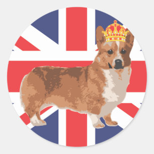Sticker Rond Le Corgi de la Reine avec Couronne et Union Jack