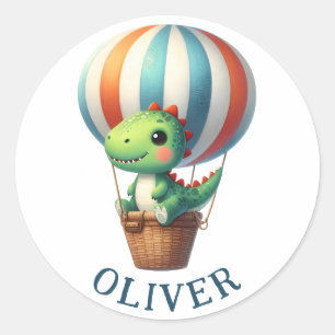 Sticker Rond Le Dino Vert mignon prend l'avion dans un ballon à