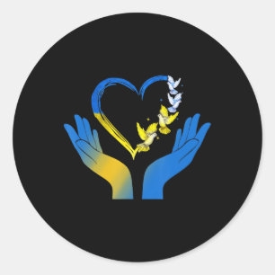 Sticker Rond Le Drapeau Ukrainien Dove Ukraine Coeur Mains