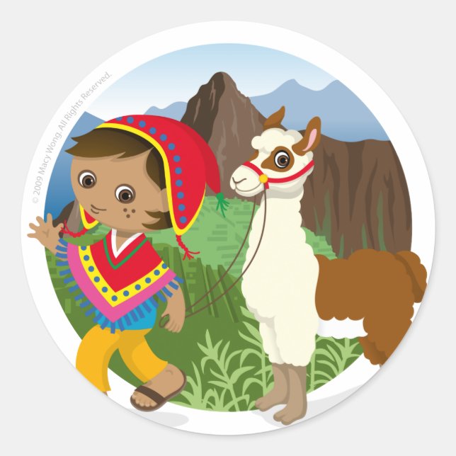 Sticker Rond Le garçon et son lama (Devant)