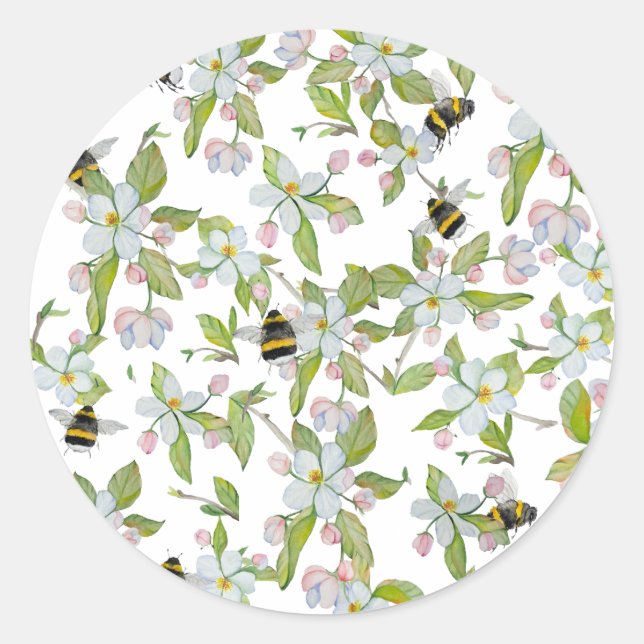 Sticker Rond Le jardin de printemps fleurit et bourdons (Devant)