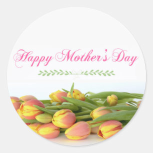 Sticker Rond Le jour de mère heureux avec les tulipes jaunes e