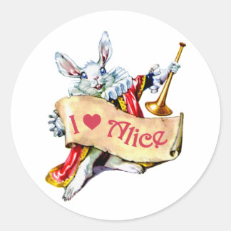 Sticker Rond Le lapin blanc d'Alice dit : "J'aime Alice"