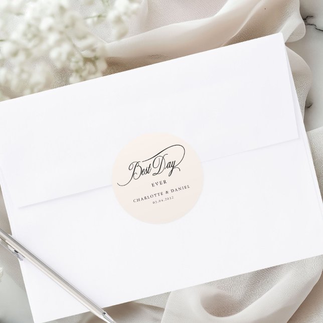 Sticker Rond LE MEILLEUR JOUR JAMAIS ! Élégant, Mariage (Personalized BEST DAY EVER! Elegant, Wedding Classic Round Sticker)