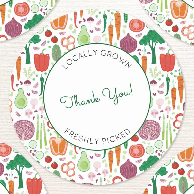 Sticker Rond Le Merci cultivé localement (Farmers market locally grown freshly picked vegetable patterned thank you stickers )