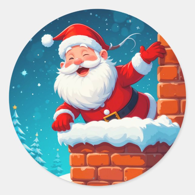 Sticker Rond Le Père Noël agite joyeusement à Chimney (Devant)