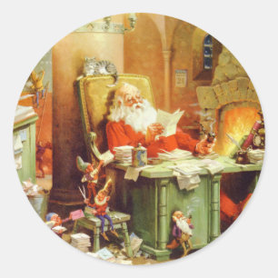 Sticker Rond Le Père Noël fait sa liste, la vérifie deux fois