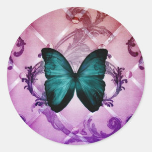 Sticker Rond Le pourpre magenta tourbillonne papillon turquoise