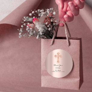 Sticker Rond Le Premier Rose De Communion Entraîne La Croix Chr