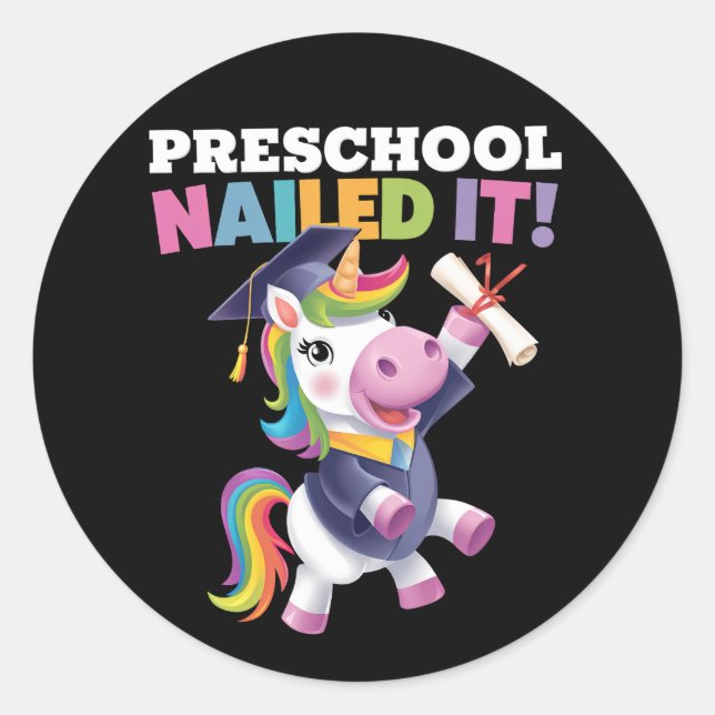 Sticker Rond Le préscolaire l'a cloué Unicorn Graduation Cap (Devant)
