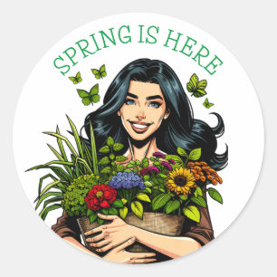 Sticker Rond Le printemps est là   Dame avec Armful des Plantes