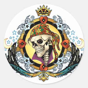 Sticker Rond Le Roi Skull Pirate avec des coeurs par Al Rio