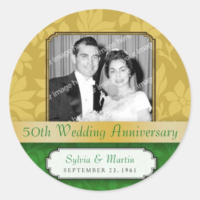 Sticker Rond Leafy Gold Damask 50e anniversaire (Devant)