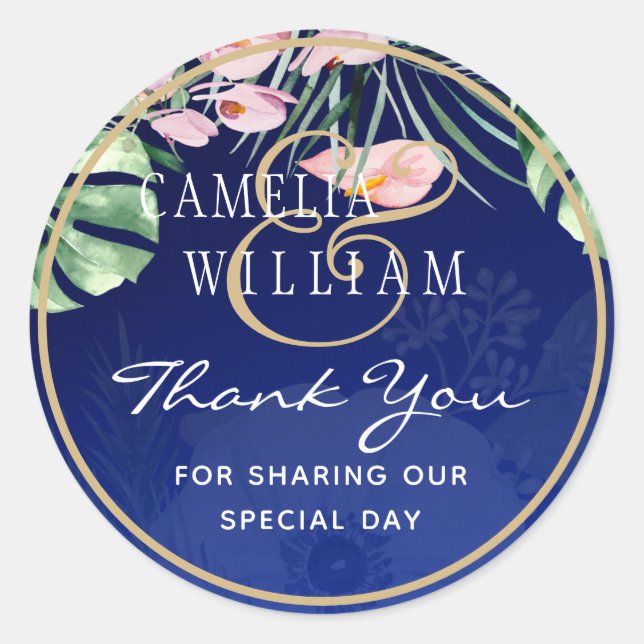 Sticker Rond LeahG Mariage floral bleu vert tropical (Devant)