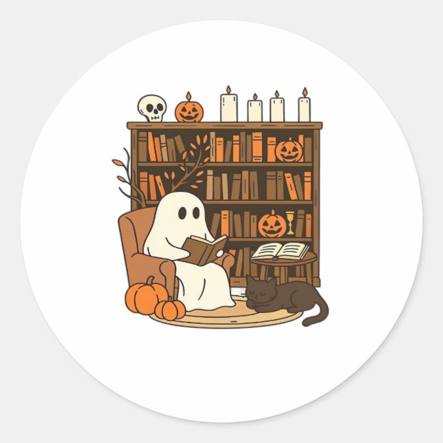 Sticker Rond Lecture de fantôme dans la bibliothèque d'Hallowee (Devant)