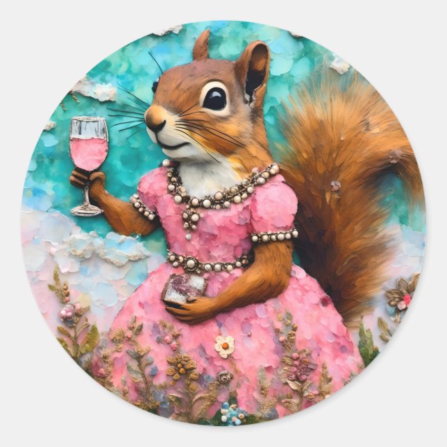 Sticker Rond L'écureuil adorable en robe rose (Devant)