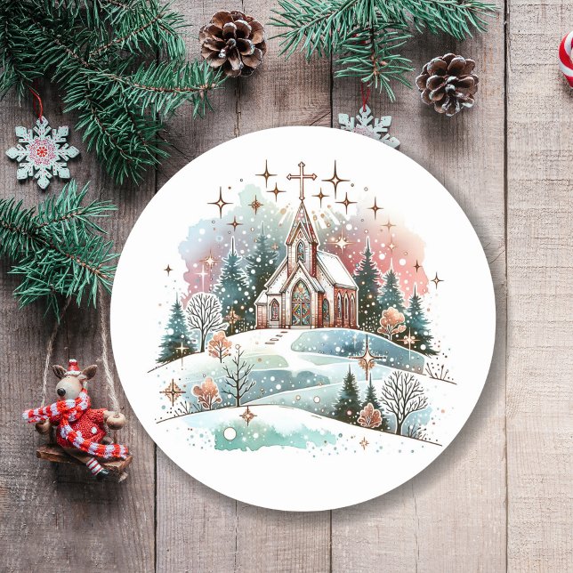 Sticker Rond L'église aquarelle pour Noël d'hiver (Créateur téléchargé)