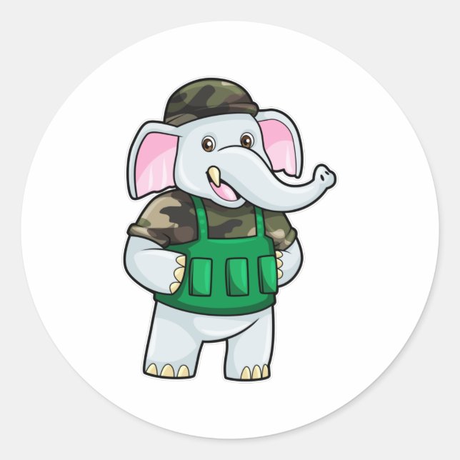 Sticker Rond L'éléphant comme soldat avec uniforme et casque (Devant)
