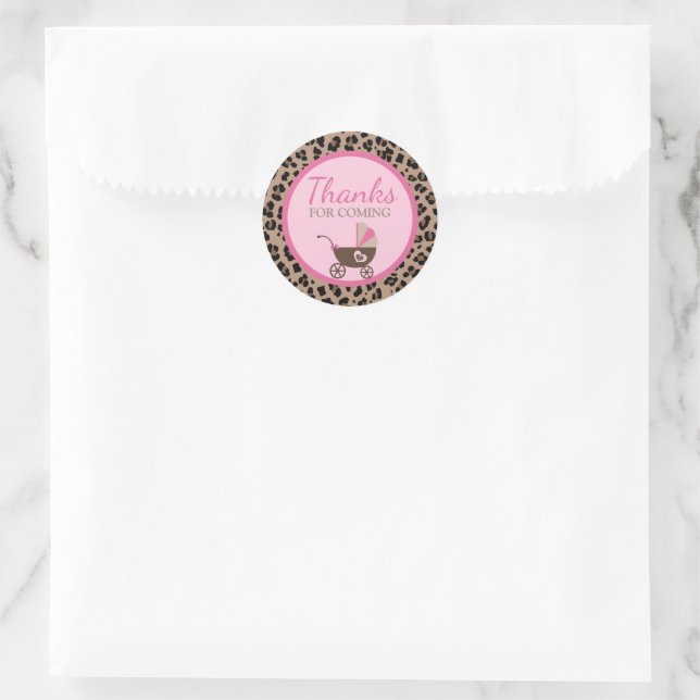 Sticker Rond Leopard & Baby shower Rose Merci D'Être Venu (Sac)