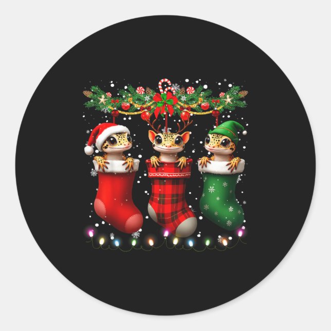 Sticker Rond Leopard Gecko In Christmas Socks Lights Leopard Ge (Devant)